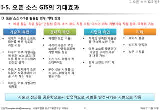 신상희(sanghee.shin@osgeo.org) 서울대병원 응급의료연구실 세미나 2015년 11월 25일
I-5. 오픈 소스 GIS의 기대효과
12
기술과 성과를 공유함으로써 협업적으로 사회를 발전시키는 기반으로 작동
q  오픈 소스 GIS를 활용할 경우 기대 효과 
§  비용 절감, 자원 절감, 안정성 증가, 소스 코드 직접 수정, 다수의 외부 개발자와 직접 접촉, 국제화 가능
I. 오픈 소스 GIS 란?
기술적 측면 
 경제적 측면 
 사업적 측면 
 기타
§  세계적 수준의 소프트
웨어를 빠른 속도로
개발 가능
§  다수의 외부 개발자들
에 의한 소스 코드 검
토를 통해 소프트웨어
안정성 증가
§  주요 시장지배적 소프
트웨어 사업자와의 기
술 격차 해소 가능
§  뛰어난 외부 개발자의
내재화
§  저렴한 도입 비용
§  세계적 수준의 오픈
소스를 사용함으로써
개발 비용 절감
§  소스 코드 레벨의 커
스터마이징
§  우수 성공 사례를 소
스 코드 레벨에서 재
활용 가능
§  자사의 부족한 제품군
을 단숨에 보완 가능
§  오픈 소스를 활용하여
다양한 고객의 수요
에 대응 가능
§  회사 브랜드 가치 제
고
§  에너지 절감
§  심리적 만족감
§  낮은 이직률
 