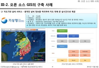 신상희(sanghee.shin@osgeo.org) 서울대병원 응급의료연구실 세미나 2015년 11월 25일36
[지도기반 날씨 서비스 실행 화면
]
[지도기반 날씨 서비스 아키텍처]
•  기 관 : 기상청
•  수행년도 : 2012년
•  도입배경 : 위성영상, 레이다 등의 관측 자료실시간 실시간 처리 및 대국민 서비스
•  솔 루 션 : GeoServer, OpenLayers, Tile Map Service
•  도입효과 : 다종다기한 기상자료를 오픈 소스를 이용하여 GIS와 유연하게 결합, 자신의 위치에서 예
보 정보 뿐만 아니라 위성영상, 레이더 자료 등을 함께 뷰잉
III. 오픈 소스 GIS 사례
III-2. 오픈 소스 GIS의 구축 사례
q  지도기반 날씨 서비스 - 동적인 날씨 정보를 처리하여 지도 위에 준 실시간으로 제공 
 