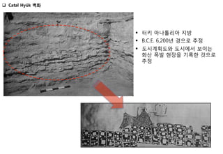 §  터키 아나톨리아 지방
§  B.C.E. 6,200년 경으로 추정
§  도시계획도와 도시에서 보이는
화산 폭발 현장을 기록한 것으로
추정
q  Catal Hyük 벽화 
 