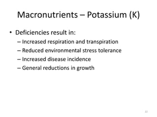 Macronutrients – Potassium (K)
• Deficiencies result in:
  – Increased respiration and transpiration
  – Reduced environmental stress tolerance
  – Increased disease incidence
  – General reductions in growth




                                              22
 