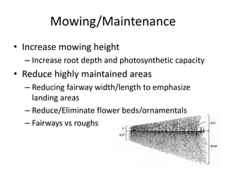 Mowing/Maintenance
• Increase mowing height
  – Increase root depth and photosynthetic capacity
• Reduce highly maintained areas
  – Reducing fairway width/length to emphasize
    landing areas
  – Reduce/Eliminate flower beds/ornamentals
  – Fairways vs roughs
 