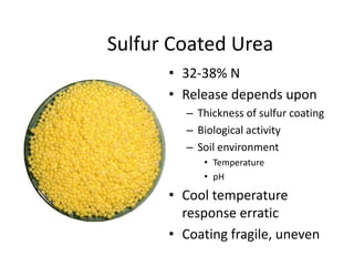 Sulfur Coated Urea
      • 32-38% N
      • Release depends upon
        – Thickness of sulfur coating
        – Biological activity
        – Soil environment
           • Temperature
           • pH

      • Cool temperature
        response erratic
      • Coating fragile, uneven
 
