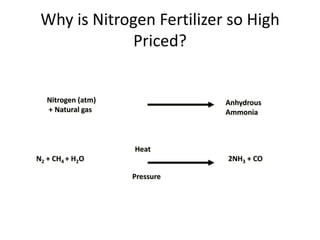 Why is Nitrogen Fertilizer so High
             Priced?


   Nitrogen (atm)              Anhydrous
   + Natural gas               Ammonia



                    Heat
N2 + CH4 + H2O                 2NH3 + CO

                    Pressure
 