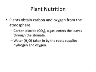 Plant Nutrition
• Plants obtain carbon and oxygen from the
  atmosphere.
  – Carbon dioxide (CO2), a gas, enters the leaves
    through the stomata.
  – Water (H2O) taken in by the roots supplies
    hydrogen and oxygen.




                                                     7
 
