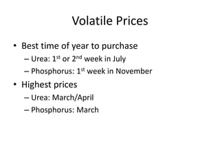 Volatile Prices
• Best time of year to purchase
  – Urea: 1st or 2nd week in July
  – Phosphorus: 1st week in November
• Highest prices
  – Urea: March/April
  – Phosphorus: March
 