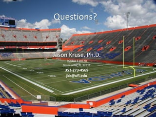 Questions?


Jason Kruse, Ph.D.
     PO Box 110670
   Gainesville, FL 32611
    352-273-4569
     jkk@ufl.edu
 