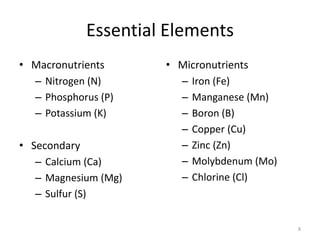 Essential Elements
• Macronutrients      • Micronutrients
  – Nitrogen (N)        – Iron (Fe)
  – Phosphorus (P)      – Manganese (Mn)
  – Potassium (K)       – Boron (B)
                        – Copper (Cu)
• Secondary             – Zinc (Zn)
   – Calcium (Ca)       – Molybdenum (Mo)
   – Magnesium (Mg)     – Chlorine (Cl)
   – Sulfur (S)


                                            8
 