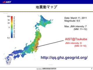 地震動マップ Date: March 11, 2011 Magnitude: 9.0 Max. JMA intensity: 7 (MM: 11~12) [email_address] JMA intensity: 6 - (MM: 9~10) http://qq.ghz.geogrid.org/ 