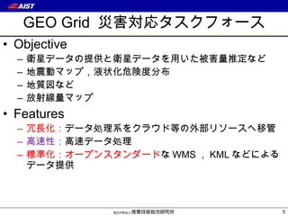 GEO Grid  災害対応タスクフォース Objective 衛星データの提供と衛星データを用いた被害量推定など 地震動マップ，液状化危険度分布 地質図など 放射線量マップ Features 冗長化： データ処理系をクラウド等の外部リソースへ移管 高速性 ： 高速データ処理 標準化：オープンスタンダード な WMS ， KML などによるデータ提供 