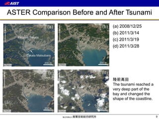 ASTER Comparison Before and After Tsunami (a) 2008/12/25 (b) 2011/3/14 (c) 2011/3/19 (d) 2011/3/28 陸前高田 The tsunami reached a very deep part of the bay and changed the shape of the coastline. 