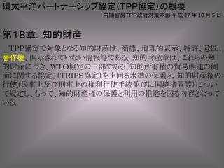 環太平洋パートナーシップ協定（ＴＰＰ協定）の概要
内閣官房ＴＰＰ政府対策本部 平成 27 年 10 月 5 日
第１８章．知的財産
ＴＰＰ協定で対象となる知的財産は、商標、地理的表示、特許、意匠、
著作権、開示されていない情報等である。知的財産章は、これらの知
的財産につき、ＷＴＯ協定の一部である「知的所有権の貿易関連の側
面に関する協定」（ＴＲＩＰＳ協定）を上回る水準の保護と，知的財産権の
行使（民事上及び刑事上の権利行使手続並びに国境措置等）につい
て規定し、もって、知的財産権の保護と利用の推進を図る内容となって
いる。
 
