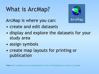 What is ArcMap? ArcMap is where you can: create and edit datasets display and explore the datasets for your study area assign symbols create map layouts for printing or publication From:  http://webhelp.esri.com/arcgisdesktop/9.3/index.cfm?TopicName=An_overview_of_ArcMap 