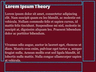 Lorem ipsum dolor sit amet, consectetur adipiscing
elit. Nam suscipit quam eu leo blandit, ac molestie est
vehicula. Nullam commodo felis et sapien cursus, id
mattis felis tincidunt. Suspendisse mi nisl, molestie in
suscipit at, dignissim aliquam leo. Praesent bibendum
dolor ac porttitor bibendum.
Vivamus odio augue, auctor in laoreet eget, rhoncus ut
diam. Mauris eros enim, pulvinar eget tortor a, semper
feugiat nulla. Aenean mollis erat sed ligula blandit, id
lobortis nulla mattis. Nulla congue ullamcorper sapien
at vehicula.
LoremIpsumTheory
 