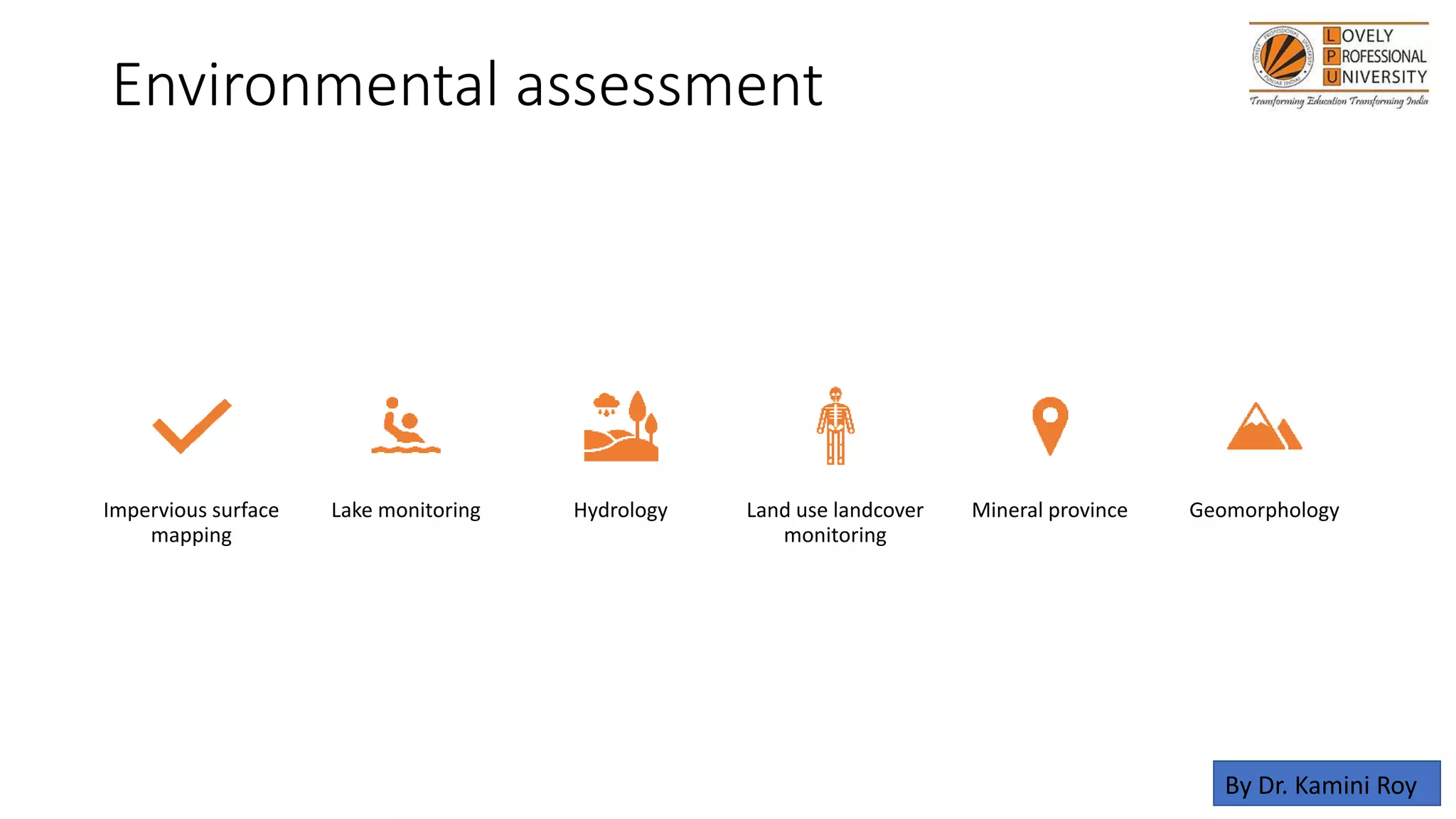 Environmental assessment
Impervious surface
mapping
Lake monitoring Hydrology Land use landcover
monitoring
Mineral province Geomorphology
By Dr. Kamini Roy
 