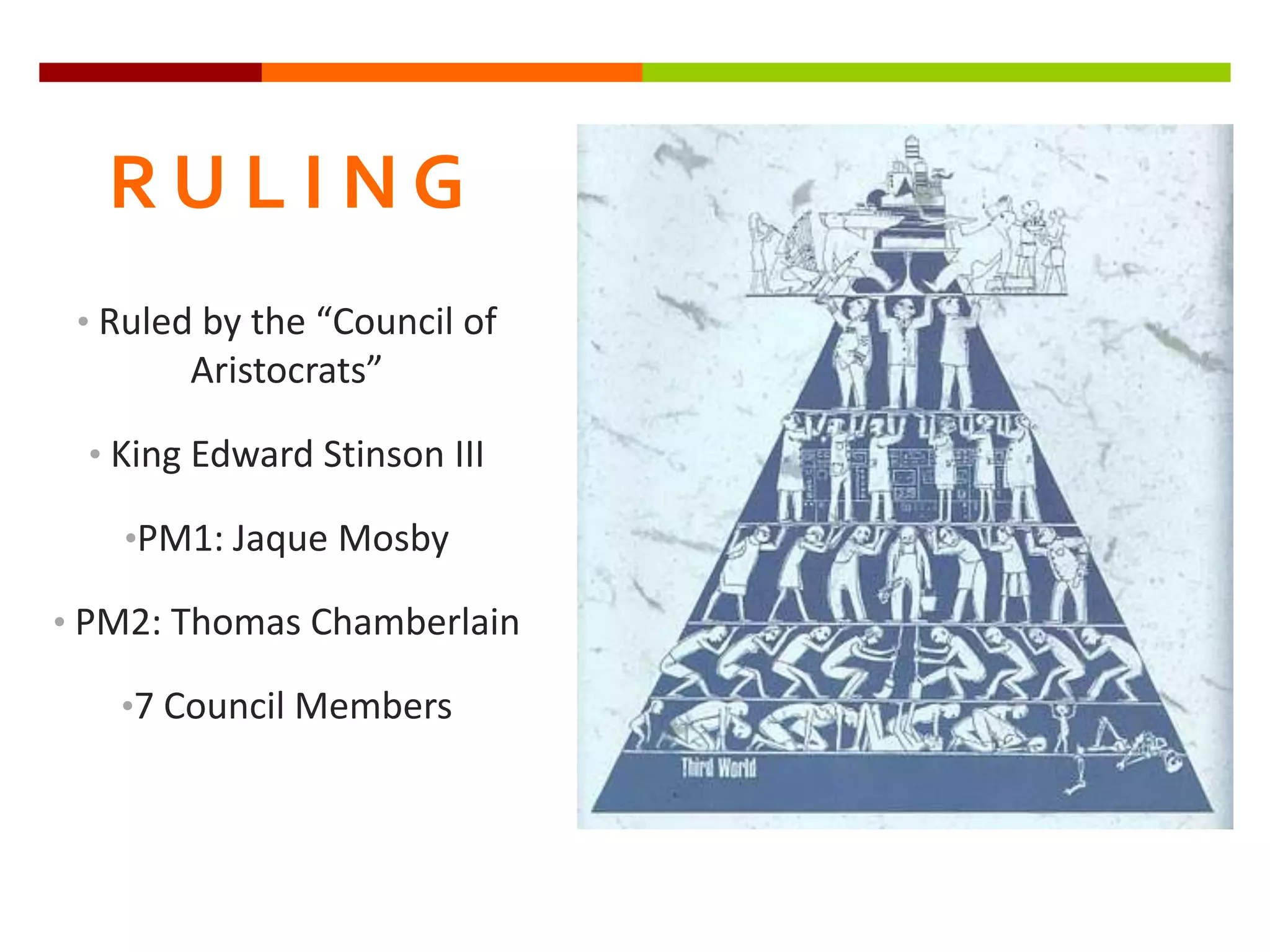 RULING
 • Ruled by the “Council of
        Aristocrats”

 • King Edward Stinson III

   •PM1: Jaque Mosby

• PM2: Thomas Chamberlain

   •7 Council Members
 