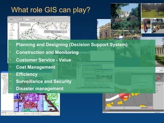 Planning and Designing (Decision Support System) Construction and Monitoring Customer Service - Value Cost Management Efficiency Surveillance and Security Disaster management What role GIS can play? 