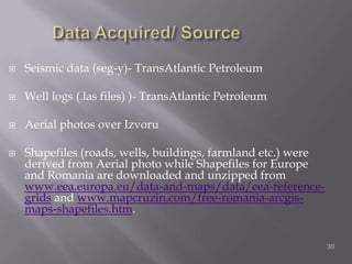 According to well classification used in Romania, ‘geological wells’ are understood to be wells which have contributed to the discovery and the delineation of oil and gas fields (Ionescu, 1994).Literature Review-Geologic summarySeismic interpretationWell log InterpretationDigitization of aerial photoIdentify horizons, faults.Overlay roads, railways and buildingsTie log to seismicCreate grids in time and depth, IsopachBuffer layers near to wellGenerate/interpret seismogram in SynpakCreate 3-D model in VupakAdd culture from ArcGIS to modelConclusion and Decision making          Data Acquisition (Seismic, las and literature)