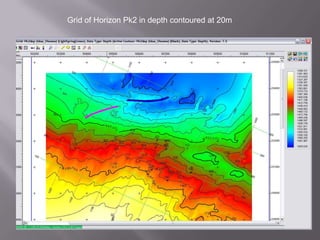  TIMESLICE: The timeslice was taken at various intervals to aid mapping, get a clearer picture of the sub-surface    by depicting features revealed like channels and faults.Time Slice at 1.099sec showing channelTime slice at 1.599 sec showing horizons through channel and faultsTime slice at 1.999 sec showing channels and the mapped horizons