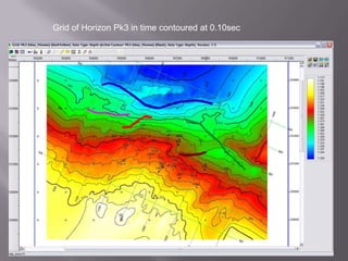Time slice at 1.699 sec showing horizons through channel and faults, this should reflect the spatial distribution in the time structure mapTime slice at 1.999 sec showing channels and the mapped horizons