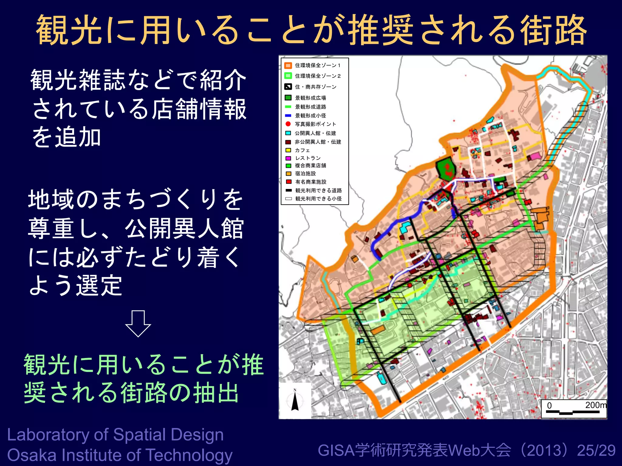 観光に用いることが推奨される街路
観光雑誌などで紹介
されている店舗情報
を追加

住環境保全ゾーン１
住環境保全ゾーン２
住・商共存ゾーン
景観形成広場
景観形成道路
景観形成小径

写真撮影ポイント
公開異人館・伝建

非公開異人館・伝建
カフェ
レストラン
複合商業店舗
宿泊施設
有名商業施設

地域のまちづくりを
尊重し、公開異人館
には必ずたどり着く
よう選定
観光に用いることが推
奨される街路の抽出
Laboratory of Spatial Design
Osaka Institute of Technology

観光利用できる道路
観光利用できる小径

0

200m

GISA学術研究発表Web大会（2013）25/29

 