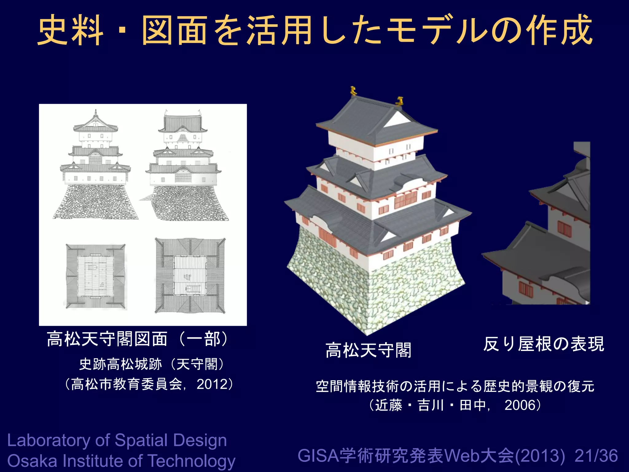史料・図面を活用したモデルの作成

高松天守閣図面（一部）
史跡高松城跡（天守閣）
（高松市教育委員会，2012）

Laboratory of Spatial Design
Osaka Institute of Technology

高松天守閣

反り屋根の表現

空間情報技術の活用による歴史的景観の復元
（近藤・吉川・田中， 2006）

GISA学術研究発表Web大会(2013) 21/36

 