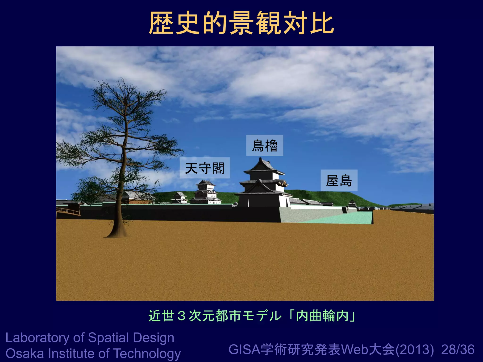 歴史的景観対比

鳥櫓
天守閣

屋島

近世３次元都市モデル「内曲輪内」
Laboratory of Spatial Design
Osaka Institute of Technology

GISA学術研究発表Web大会(2013) 28/36

 