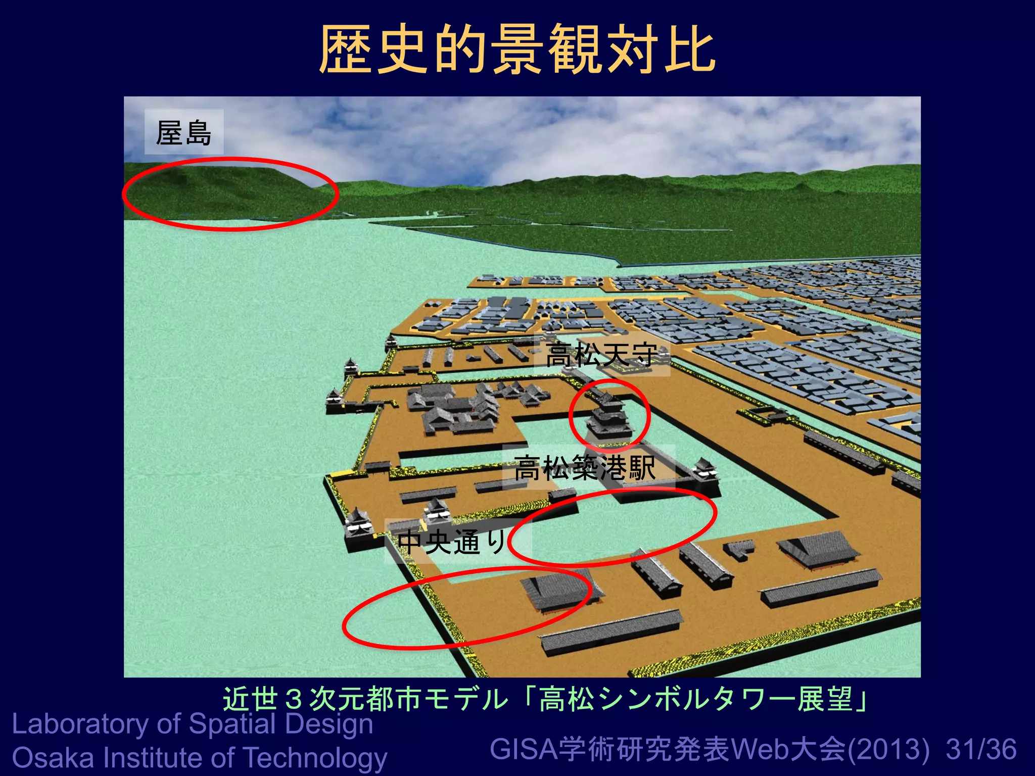 歴史的景観対比
屋島

高松天守

高松築港駅
中央通り

近世３次元都市モデル「高松シンボルタワー展望」
Laboratory of Spatial Design
GISA学術研究発表Web大会(2013) 31/36
Osaka Institute of Technology

 