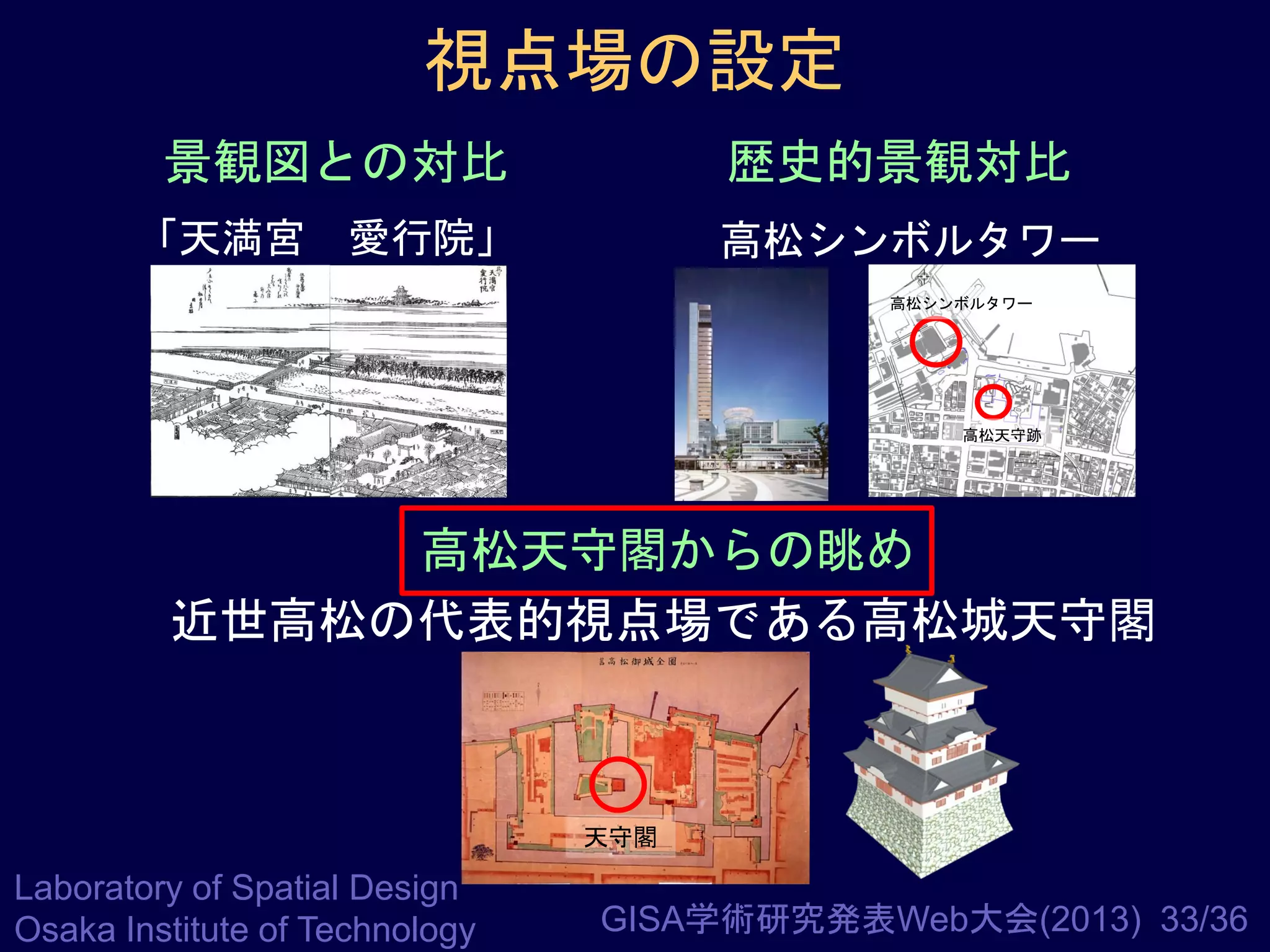 視点場の設定
景観図との対比

歴史的景観対比

「天満宮 愛行院」

高松シンボルタワー
高松シンボルタワー

高松天守跡

高松天守閣からの眺め
近世高松の代表的視点場である高松城天守閣

天守閣

Laboratory of Spatial Design
Osaka Institute of Technology

GISA学術研究発表Web大会(2013) 33/36

 