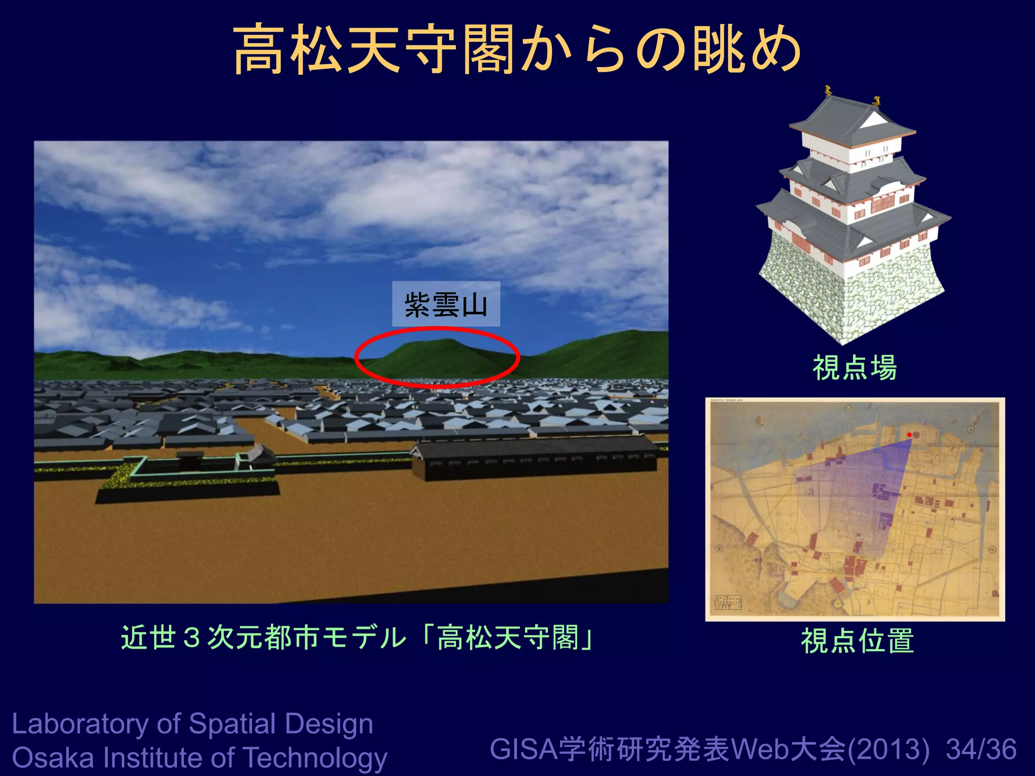 高松天守閣からの眺め

紫雲山
視点場

近世３次元都市モデル「高松天守閣」
Laboratory of Spatial Design
Osaka Institute of Technology

視点位置

GISA学術研究発表Web大会(2013) 34/36

 