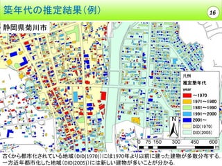 築年代の推定結果（例）

16

静岡県菊川市

古くから都市化されている地域（DID(1970)）には1970年より以前に建った建物が多数分布する．
一方近年都市化した地域（DID(2005)）には新しい建物が多いことが分かる．

 