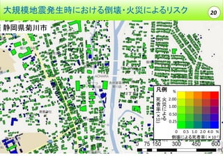 大規模地震発生時における倒壊・火災によるリスク

20

静岡県菊川市

凡例

%

(× )

死 火 2.00
者 災 1.00
率に
よ 0.50
-3る
10
0.25
0 0.5 1.0 2.0 4.0 %
倒壊による死者率（×10-2）

 
