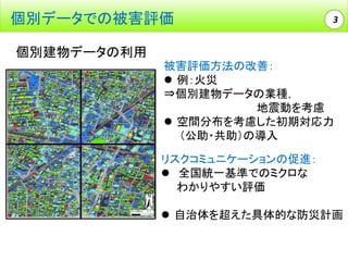 個別データでの被害評価

3

個別建物データの利用
被害評価方法の改善：
 例：火災
⇒個別建物データの業種，
地震動を考慮
 空間分布を考慮した初期対応力
（公助・共助）の導入
リスクコミュニケーションの促進：
 全国統一基準でのミクロな
わかりやすい評価
 自治体を超えた具体的な防災計画

 