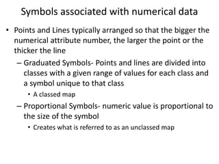 Symbols associated with numerical data
• Points and Lines typically arranged so that the bigger the
numerical attribute number, the larger the point or the
thicker the line
– Graduated Symbols- Points and lines are divided into
classes with a given range of values for each class and
a symbol unique to that class
• A classed map
– Proportional Symbols- numeric value is proportional to
the size of the symbol
• Creates what is referred to as an unclassed map
 