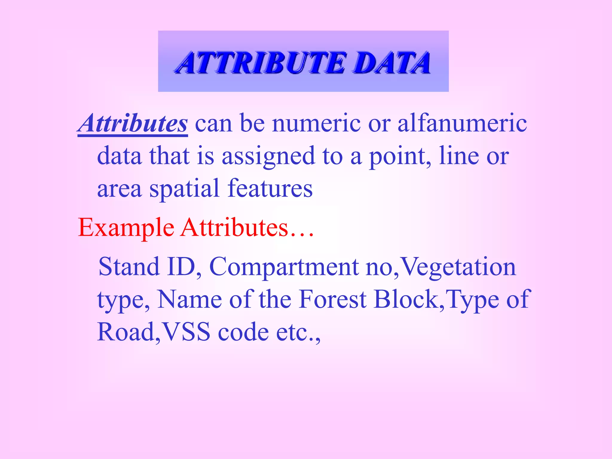 ATTRIBUTE DATA
Attributes can be numeric or alfanumeric
data that is assigned to a point, line or
area spatial features
Example Attributes…
Stand ID, Compartment no,Vegetation
type, Name of the Forest Block,Type of
Road,VSS code etc.,
 