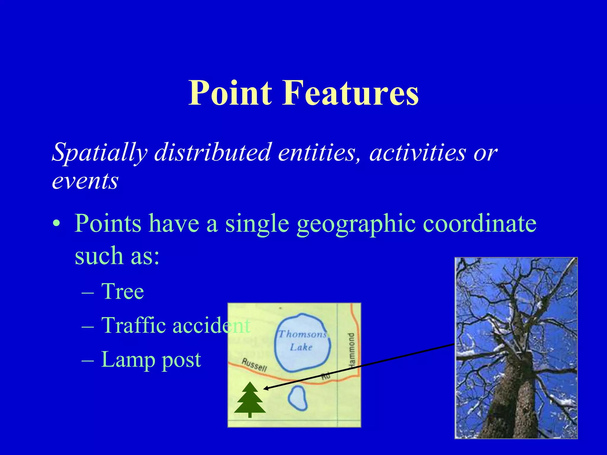 Point Features
Spatially distributed entities, activities or
events
• Points have a single geographic coordinate
such as:
– Tree
– Traffic accident
– Lamp post
 