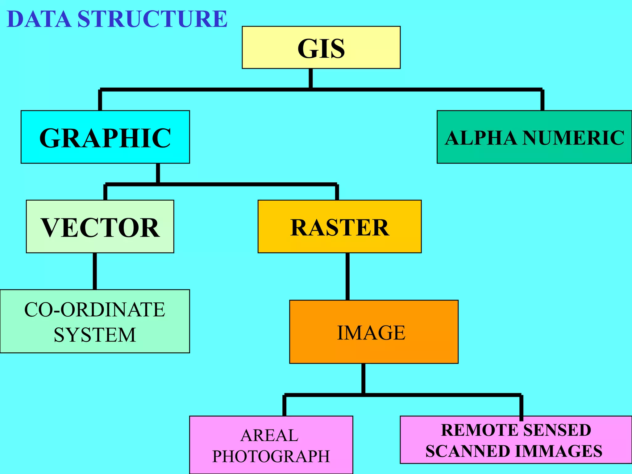 DATA STRUCTURE
GIS
GRAPHIC ALPHA NUMERIC
VECTOR RASTER
CO-ORDINATE
SYSTEM IMAGE
AREAL
PHOTOGRAPH
REMOTE SENSED
SCANNED IMMAGES
 