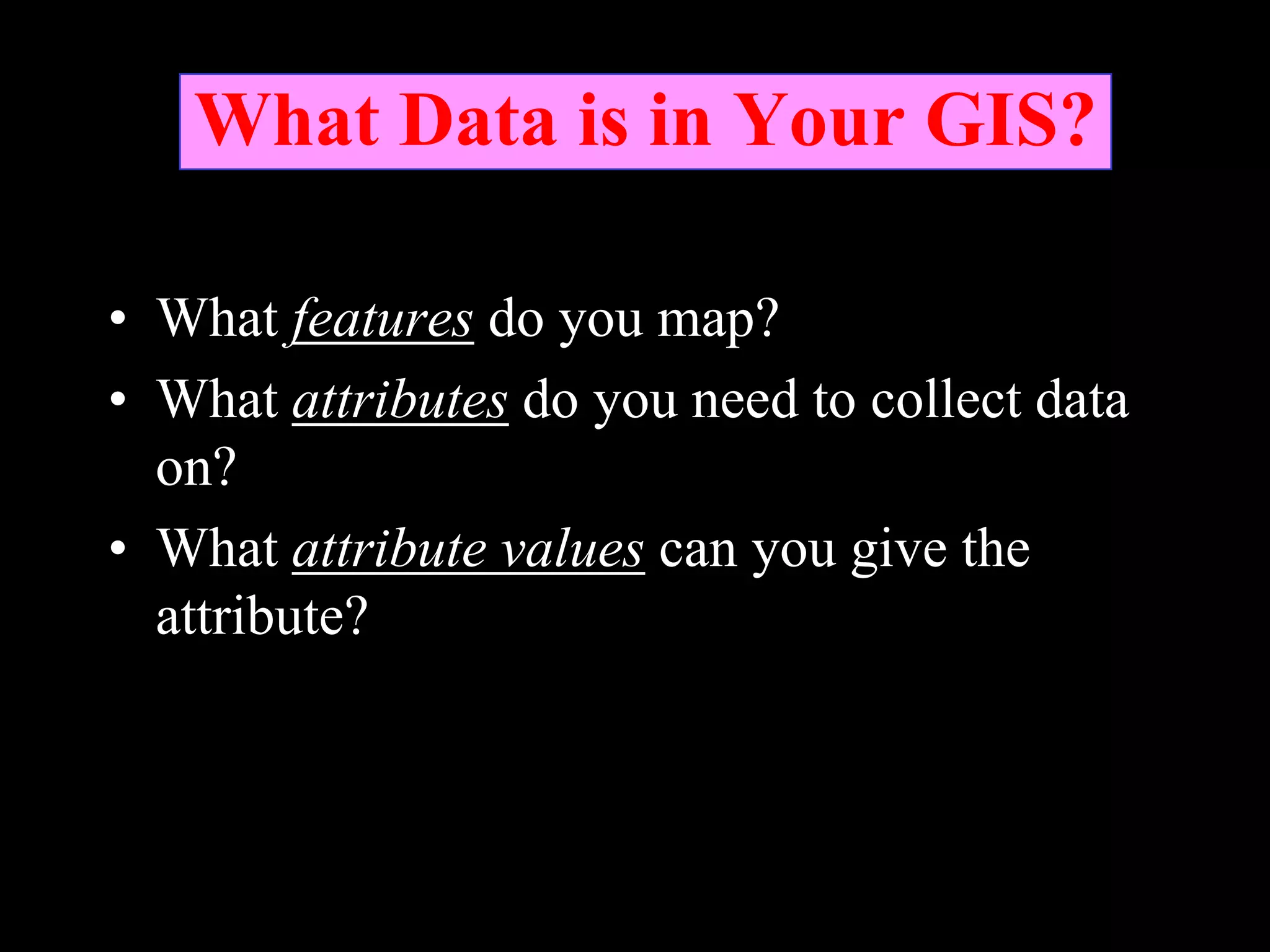 What Data is in Your GIS?
• What features do you map?
• What attributes do you need to collect data
on?
• What attribute values can you give the
attribute?
 