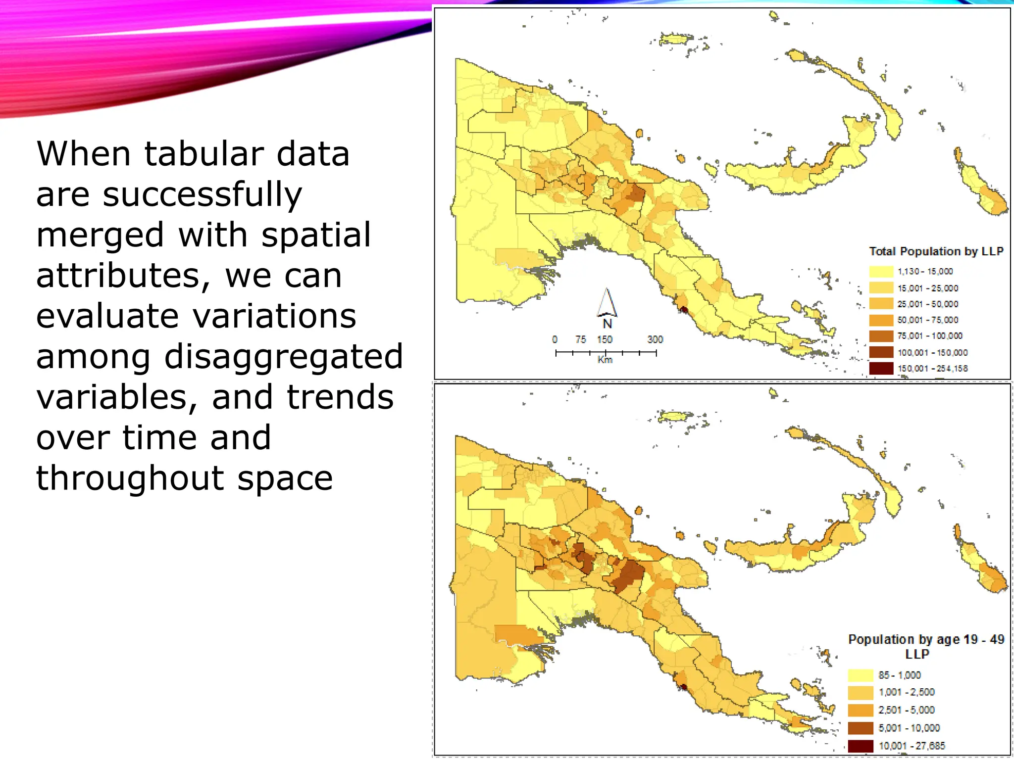 When tabular data
are successfully
merged with spatial
attributes, we can
evaluate variations
among disaggregated
variables, and trends
over time and
throughout space
 