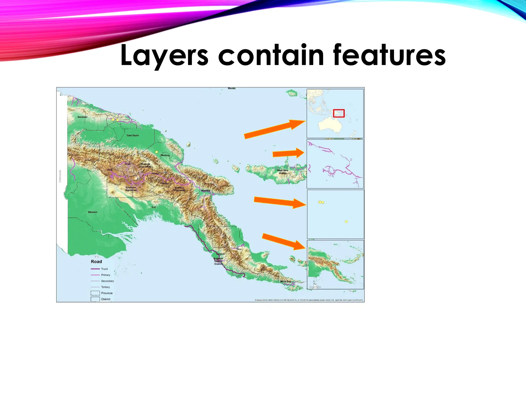 Layers contain features
 