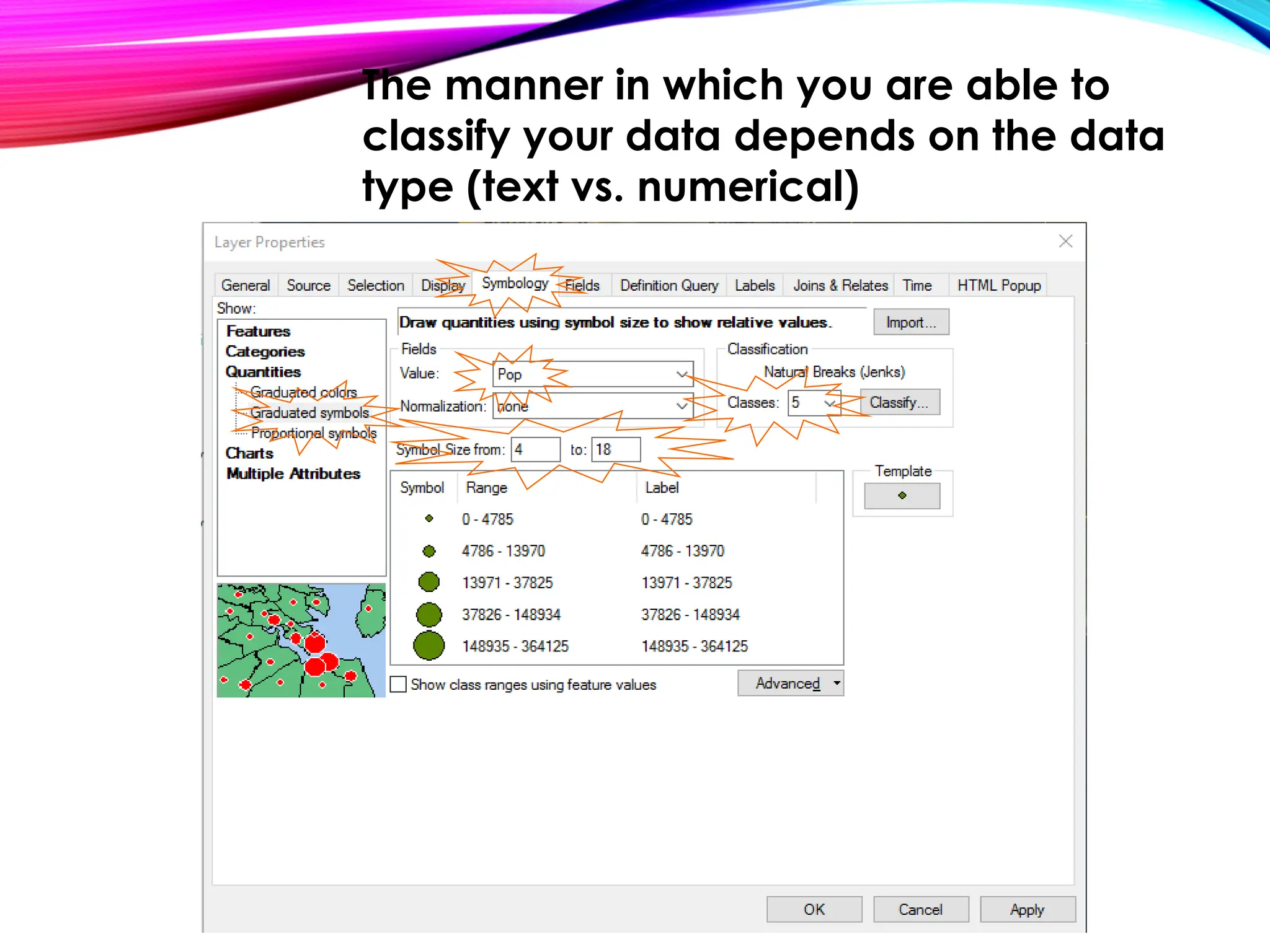 The manner in which you are able to
classify your data depends on the data
type (text vs. numerical)
 