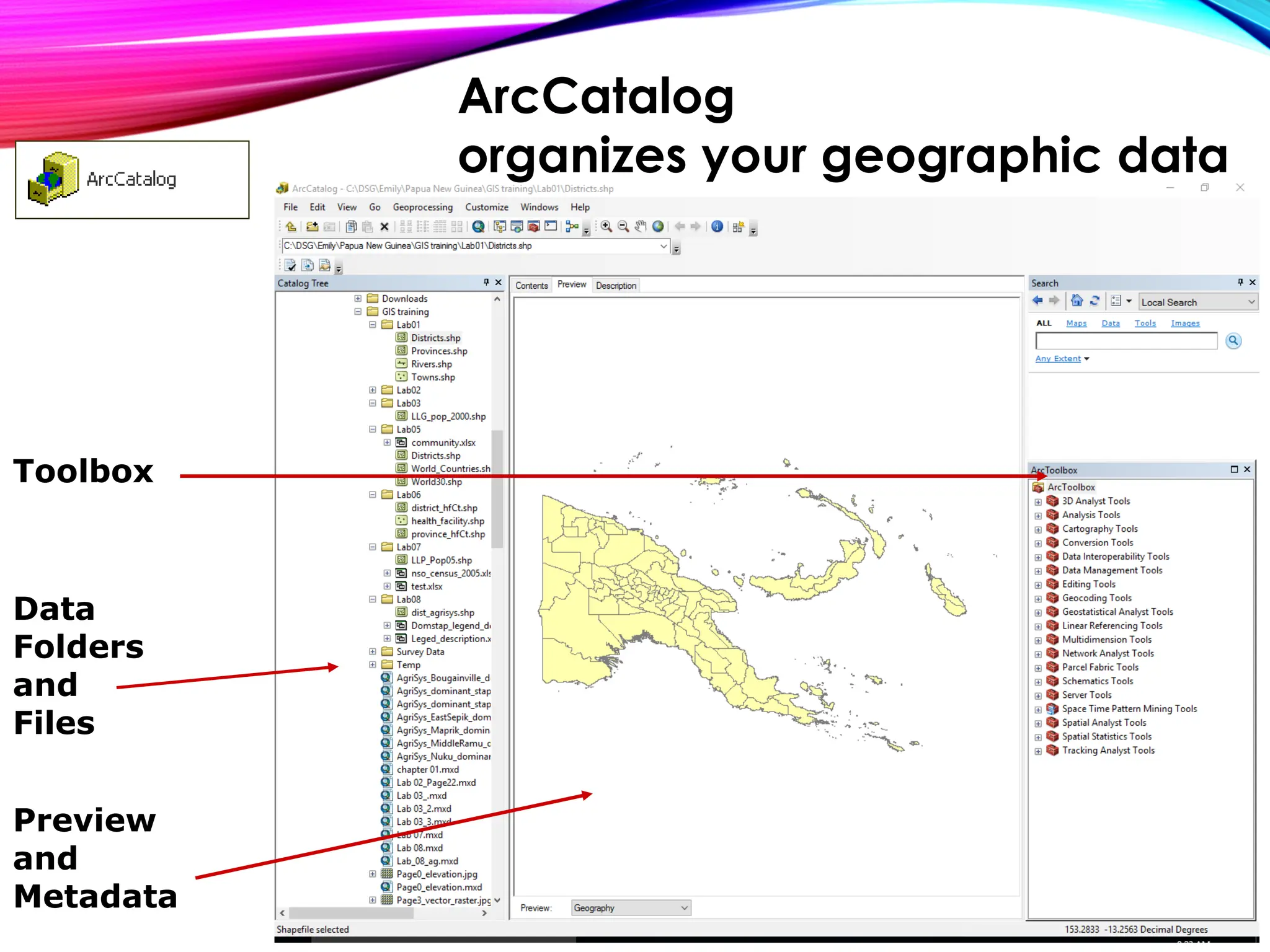 Toolbox
Data
Folders
and
Files
Preview
and
Metadata
ArcCatalog
organizes your geographic data
 