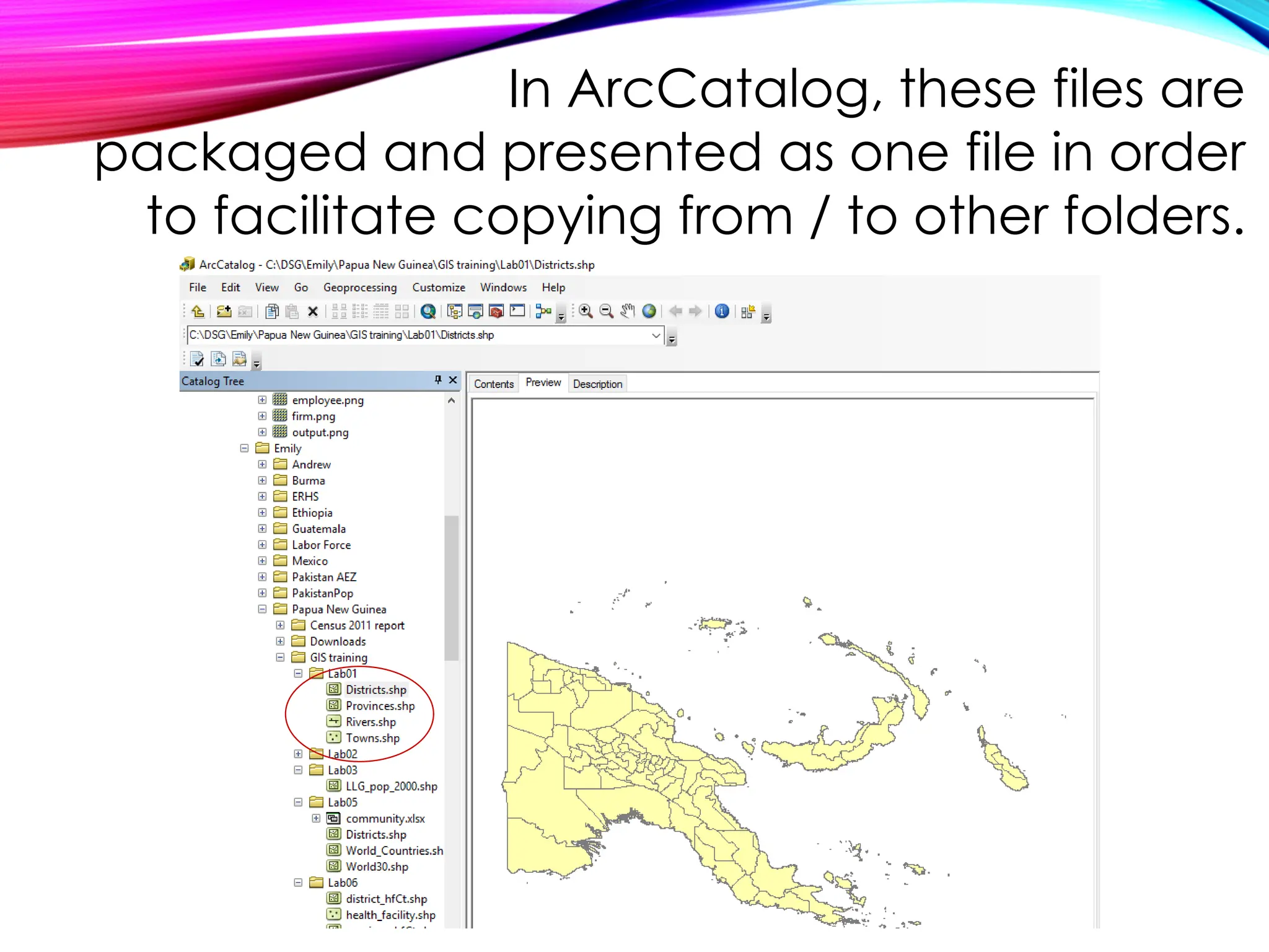 In ArcCatalog, these files are
packaged and presented as one file in order
to facilitate copying from / to other folders.
 