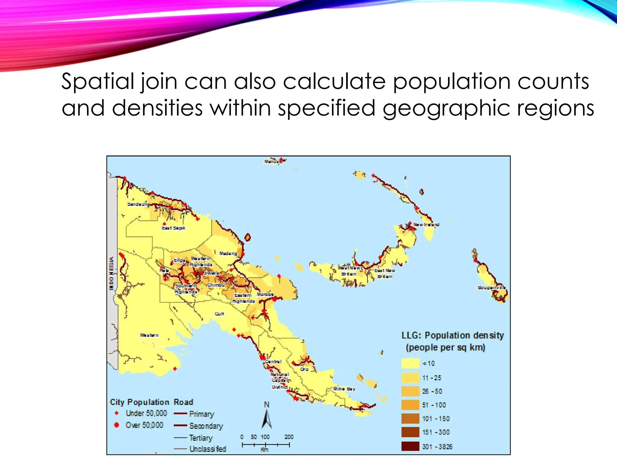 Spatial join can also calculate population counts
and densities within specified geographic regions
 