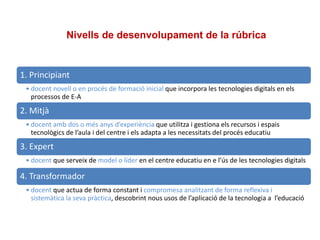 Nivells de desenvolupament de la rúbrica
1. Principiant
• docent novell o en procés de formació inicial que incorpora les tecnologies digitals en els
processos de E-A
2. Mitjà
• docent amb dos o més anys d’experiència que utilitza i gestiona els recursos i espais
tecnològics de l’aula i del centre i els adapta a les necessitats del procés educatiu
3. Expert
• docent que serveix de model o líder en el centre educatiu en e l’ús de les tecnologies digitals
4. Transformador
• docent que actua de forma constant i compromesa analitzant de forma reflexiva i
sistemàtica la seva pràctica, descobrint nous usos de l’aplicació de la tecnologia a l’educació
 