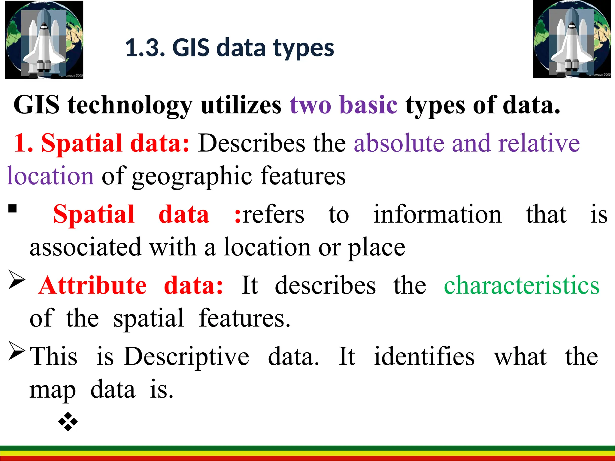 GIS technology utilizes two basic types of data.
1. Spatial data: Describes the absolute and relative
location of geographic features
 Spatial data :refers to information that is
associated with a location or place
 Attribute data: It describes the characteristics
of the spatial features.
This is Descriptive data. It identifies what the
map data is.

1.3. GIS data types
 