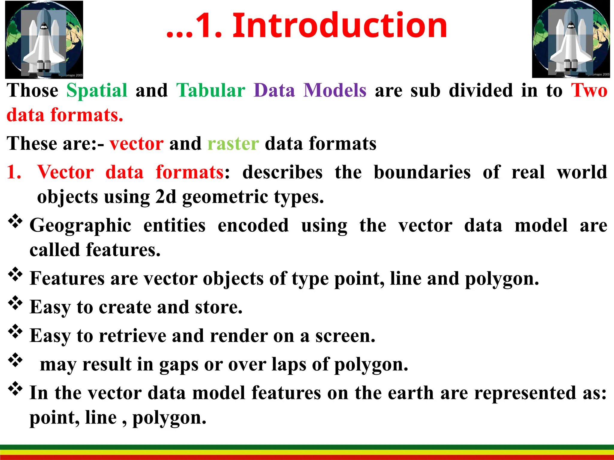 Those Spatial and Tabular Data Models are sub divided in to Two
data formats.
These are:- vector and raster data formats
1. Vector data formats: describes the boundaries of real world
objects using 2d geometric types.
 Geographic entities encoded using the vector data model are
called features.
 Features are vector objects of type point, line and polygon.
 Easy to create and store.
 Easy to retrieve and render on a screen.
 may result in gaps or over laps of polygon.
 In the vector data model features on the earth are represented as:
point, line , polygon.
…1. Introduction
 