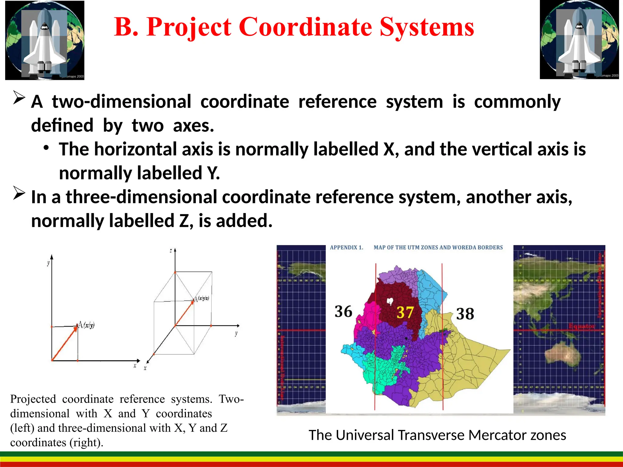 B. Project Coordinate Systems
 A two-dimensional coordinate reference system is commonly
defined by two axes.
• The horizontal axis is normally labelled X, and the vertical axis is
normally labelled Y.
 In a three-dimensional coordinate reference system, another axis,
normally labelled Z, is added.
Projected coordinate reference systems. Two-
dimensional with X and Y coordinates
(left) and three-dimensional with X, Y and Z
coordinates (right).
The Universal Transverse Mercator zones
 