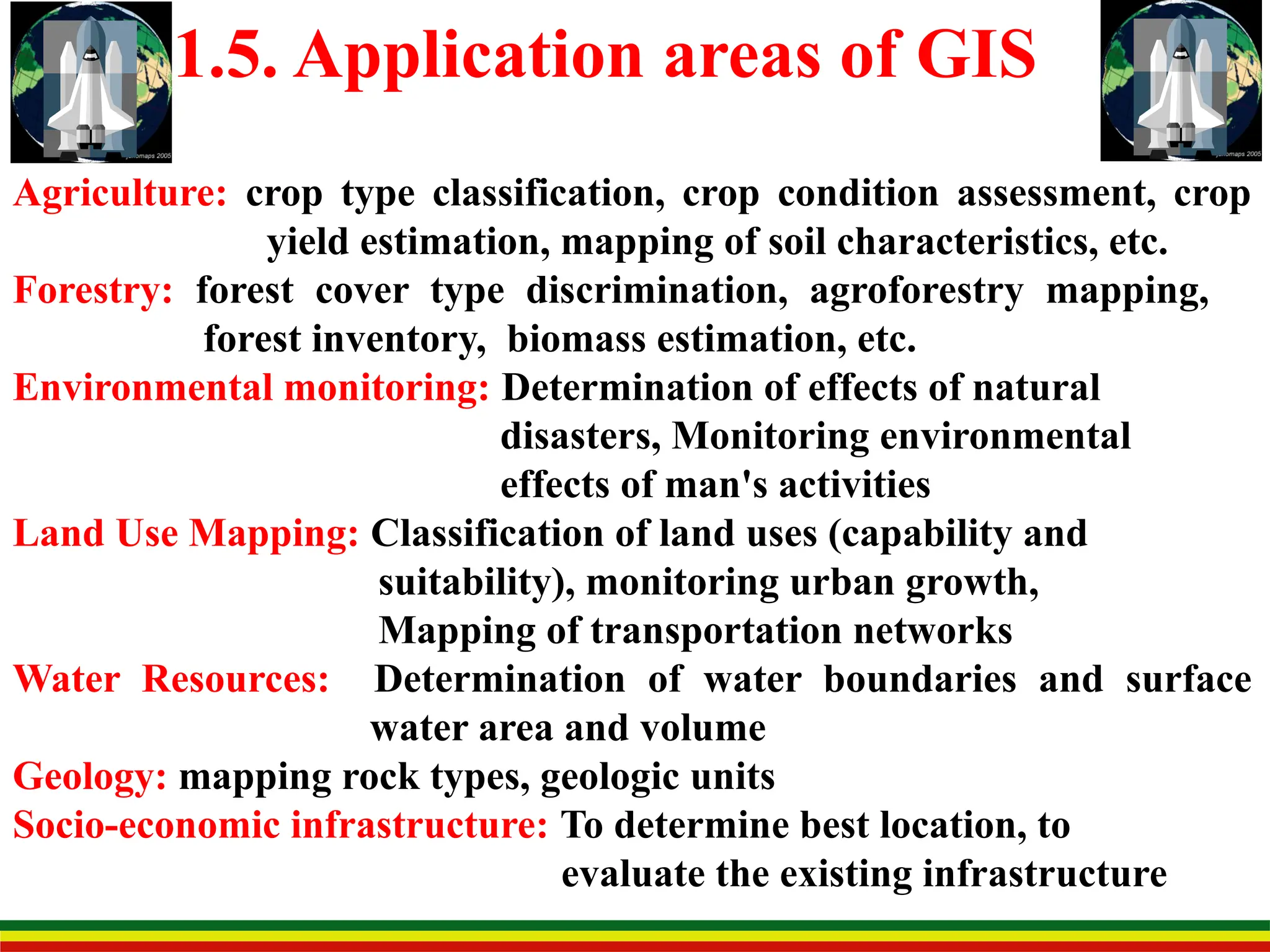 1.5. Application areas of GIS
Agriculture: crop type classification, crop condition assessment, crop
yield estimation, mapping of soil characteristics, etc.
Forestry: forest cover type discrimination, agroforestry mapping,
forest inventory, biomass estimation, etc.
Environmental monitoring: Determination of effects of natural
disasters, Monitoring environmental
effects of man's activities
Land Use Mapping: Classification of land uses (capability and
suitability), monitoring urban growth,
Mapping of transportation networks
Water Resources: Determination of water boundaries and surface
water area and volume
Geology: mapping rock types, geologic units
Socio-economic infrastructure: To determine best location, to
evaluate the existing infrastructure
 