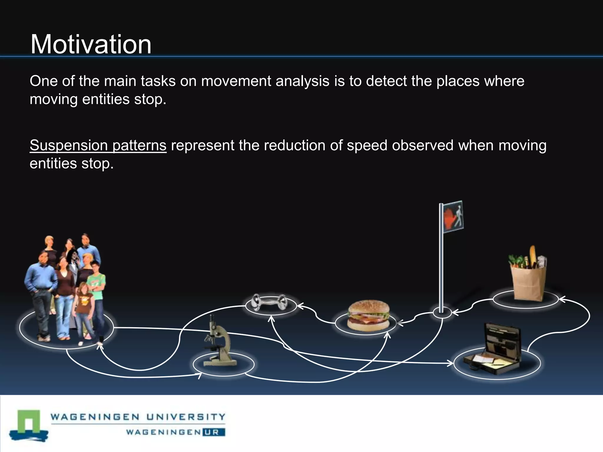 MotivationOne of the main tasks on movement analysis is to detect the places where moving entities stop.Suspension patterns represent the reduction of speed observed when moving entities stop.