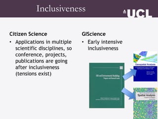Inclusiveness
Citizen Science
• Applications in multiple
scientific disciplines, so
conference, projects,
publications are...